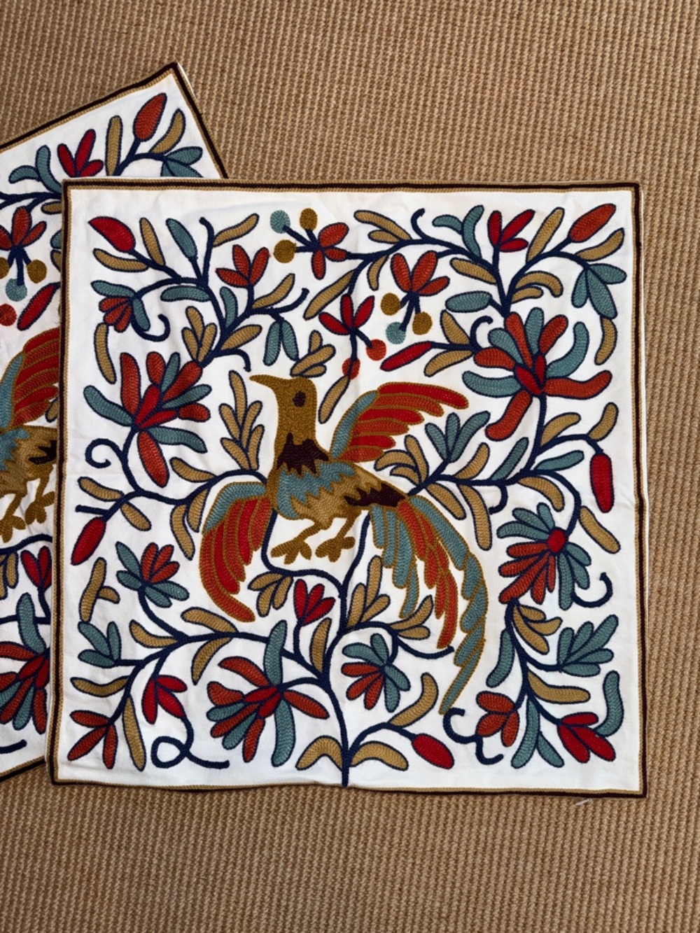 2 New Boho Bird Embroidered Crewel Work on Linen Pillow Covers